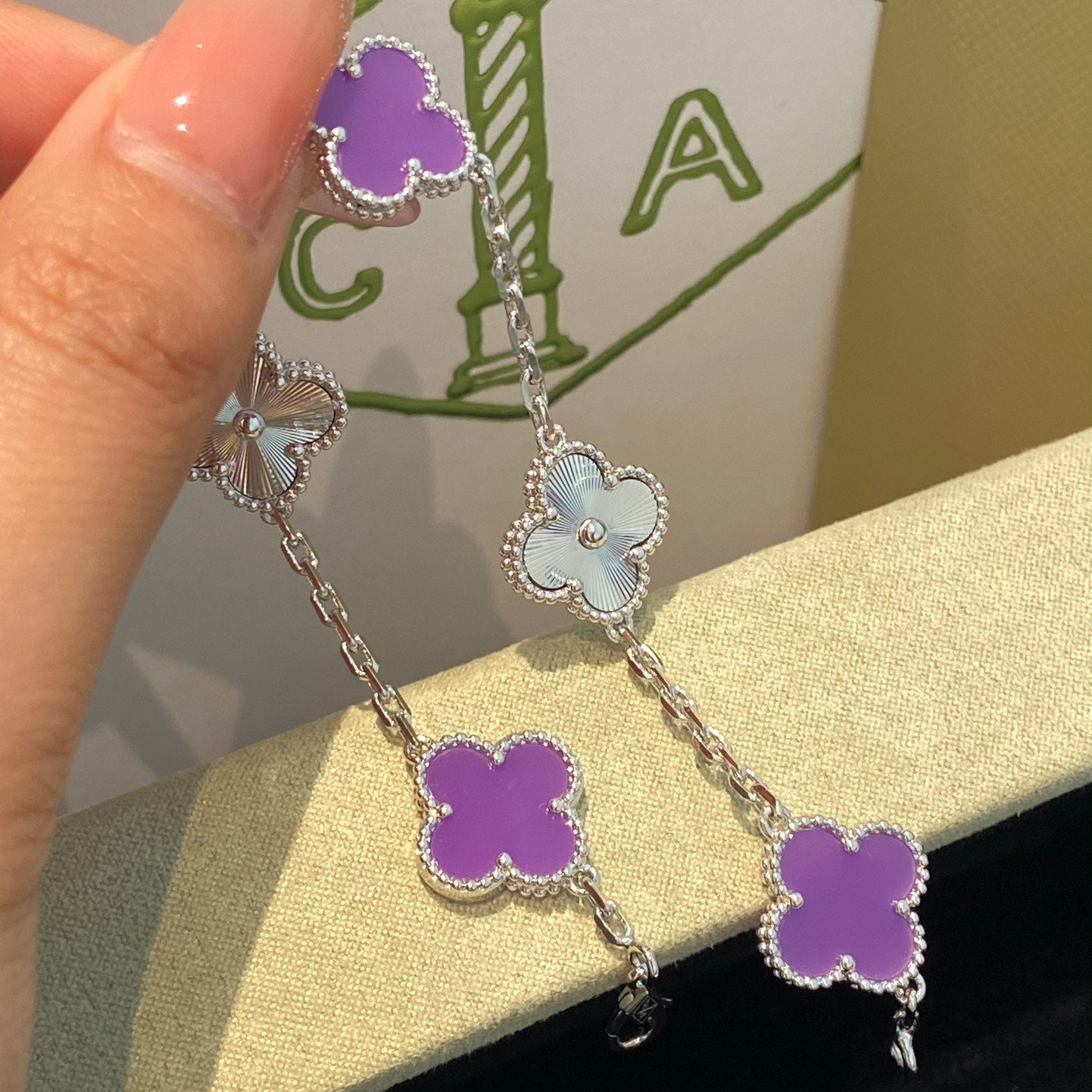 [Love More]CLOVER  5 MOTIFS  PURPLE VIOLET BRACELET SILVER