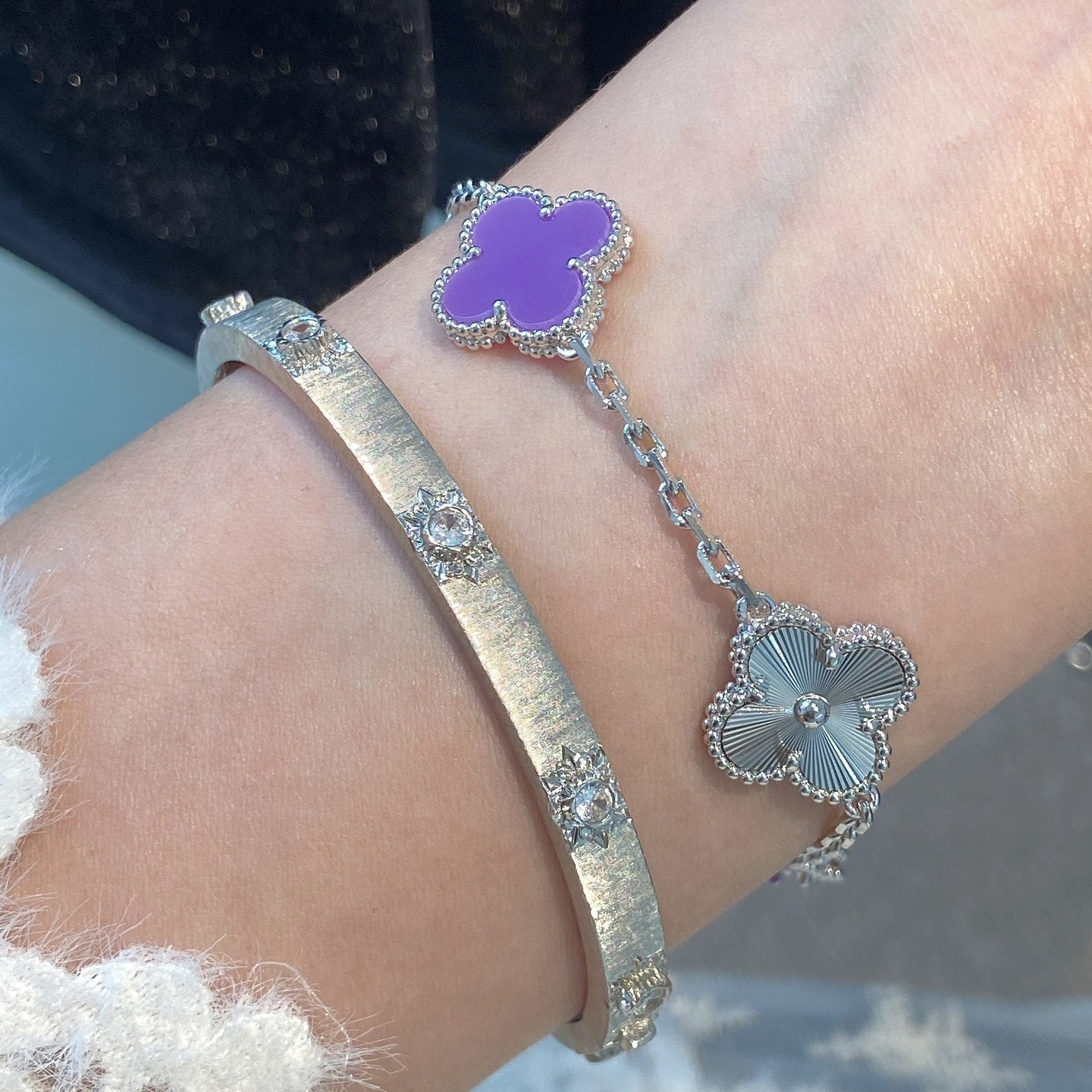 [Love More]CLOVER  5 MOTIFS  PURPLE VIOLET BRACELET SILVER