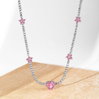 [Love More]Dazzling Pink Heart Flower Necklace