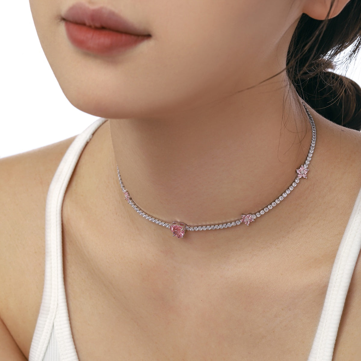 [Love More]Dazzling Pink Heart Flower Necklace