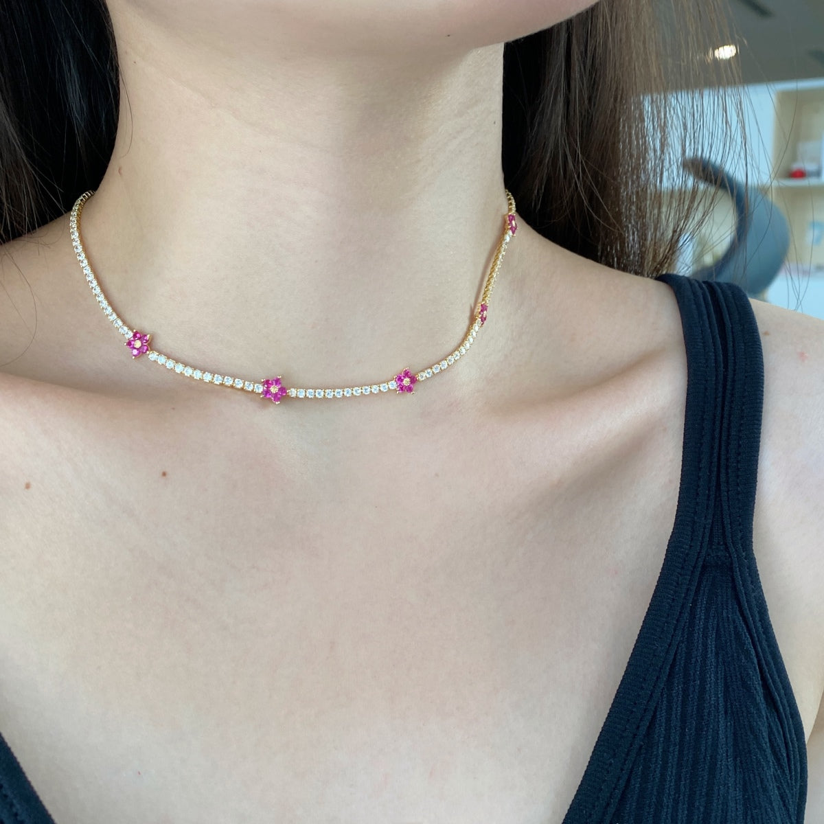 [Love More]Luxurious Colorful Flower Tennis Necklace