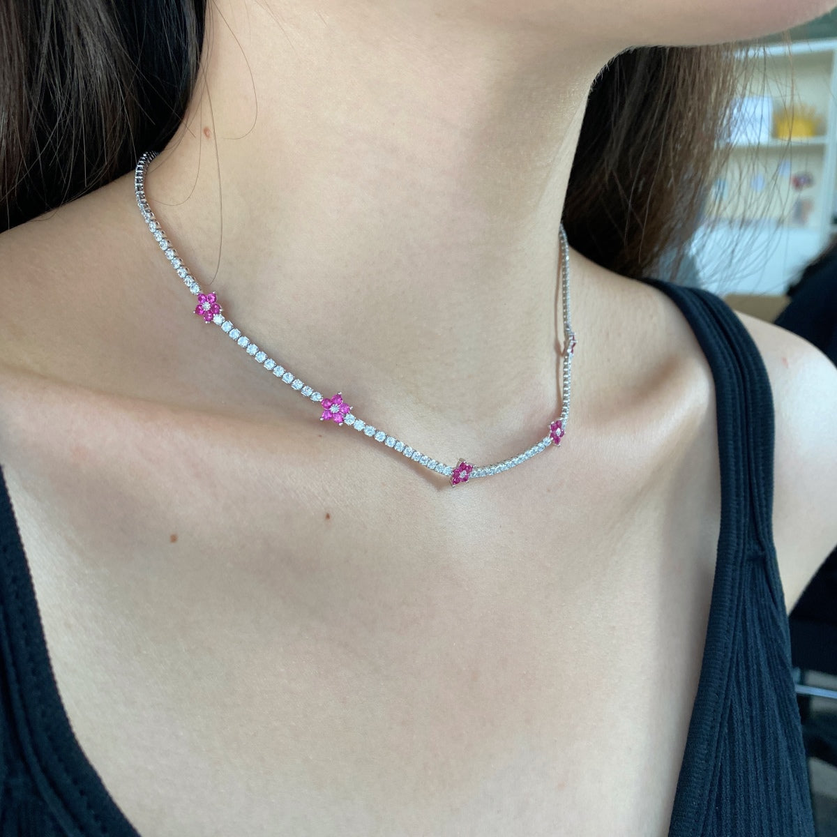[Love More]Luxurious Colorful Flower Tennis Necklace