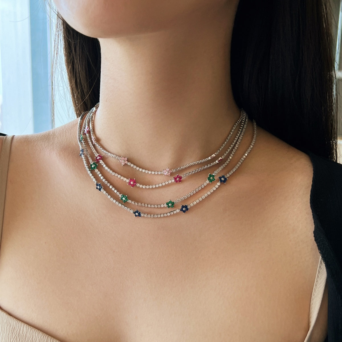 [Love More]Luxurious Colorful Flower Tennis Necklace