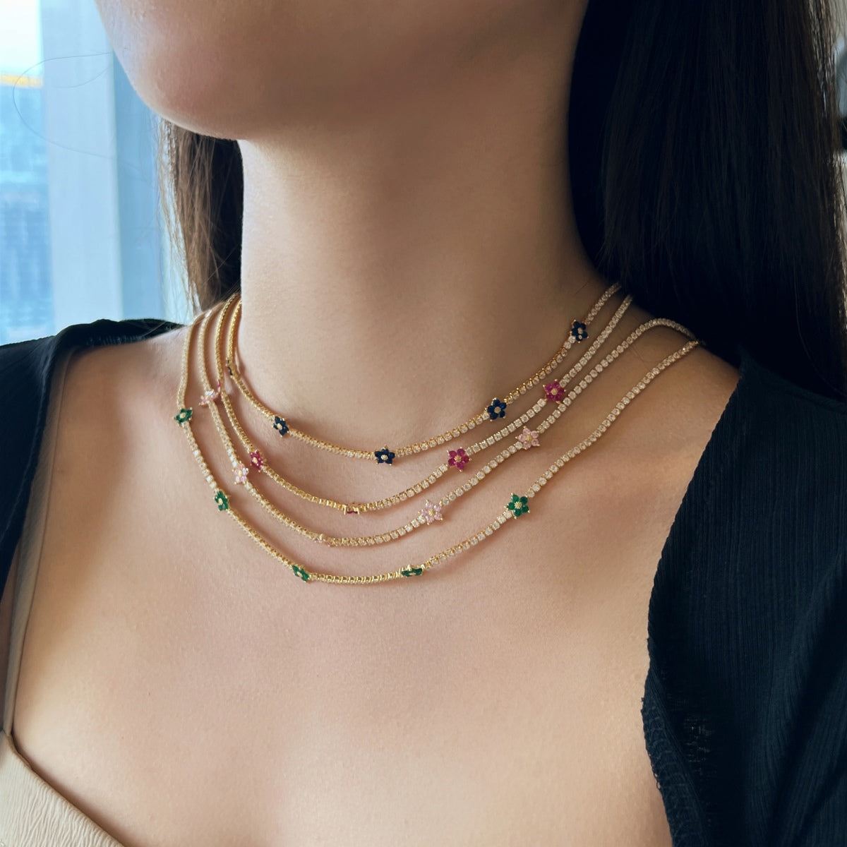 [Love More]Luxurious Colorful Flower Tennis Necklace