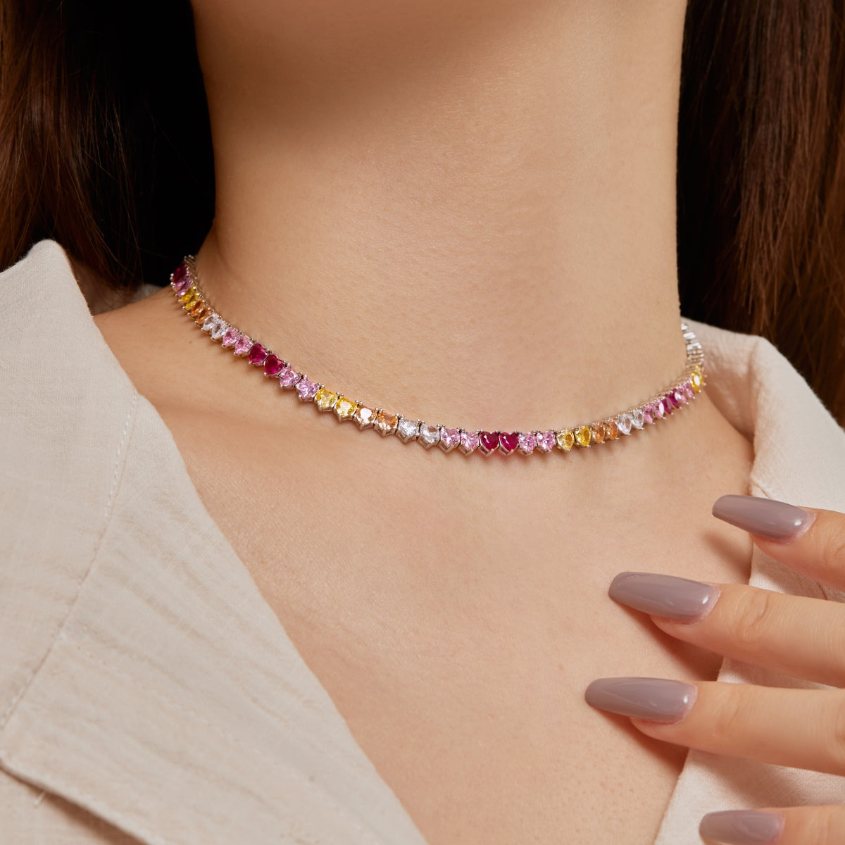[Love More]Sparkling Colorful Full Heart Tennis Necklace