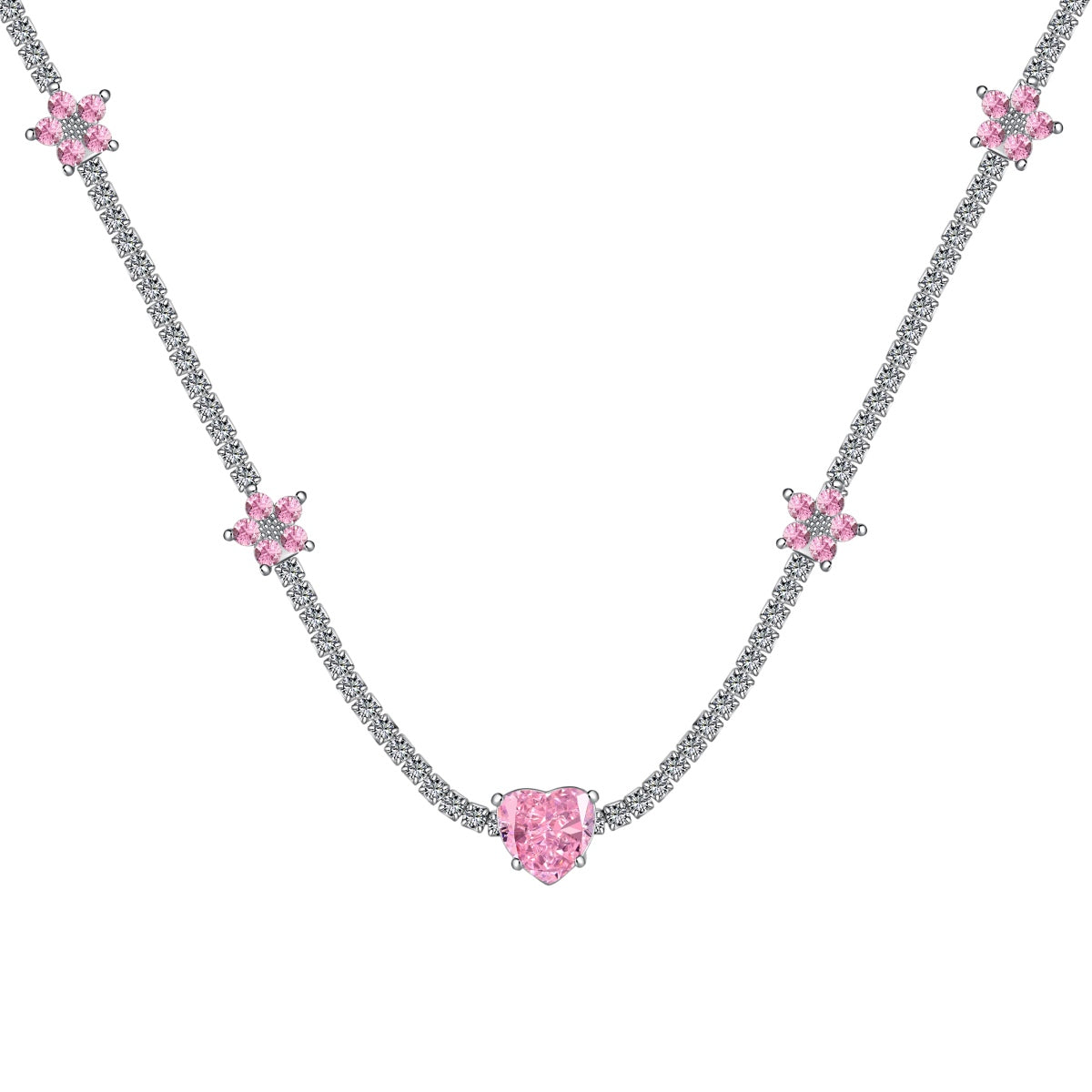 [Love More]Dazzling Pink Heart Flower Necklace