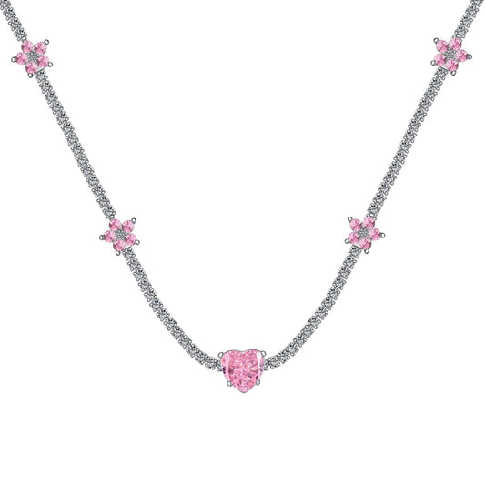 [Love More]Dazzling Pink Heart Flower Necklace