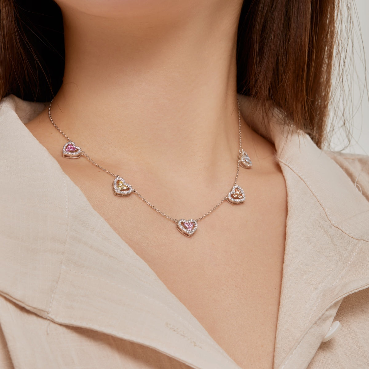 [Love More]Sparkling Five Heart Necklace