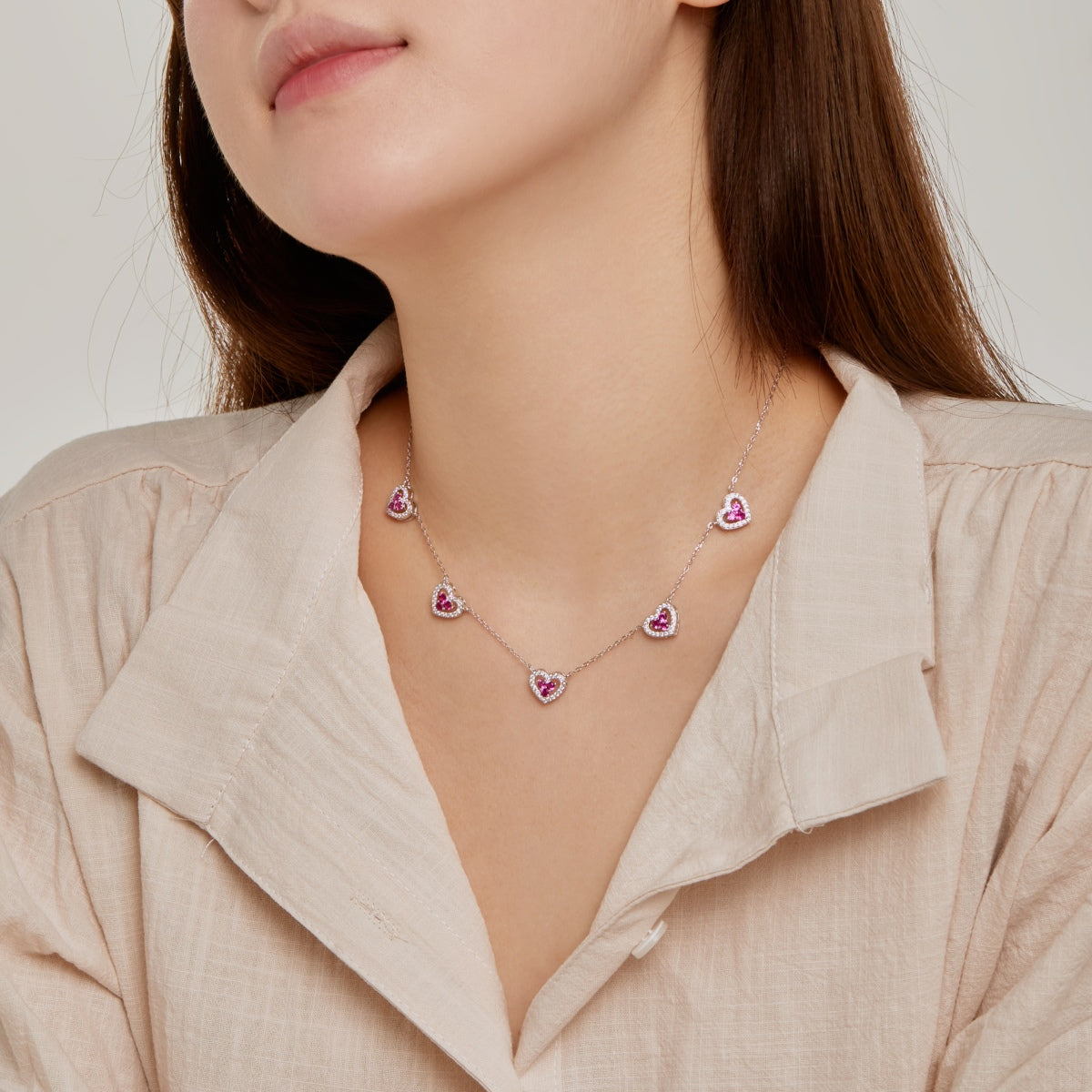 [Love More]Sparkling Five Heart Necklace