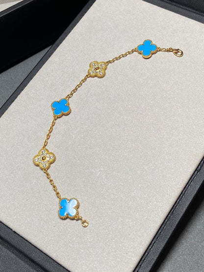 [Love More]CLOVER 5 MOTIF BLUE CHALCEDONY DIAMOND GOLD BRACELET