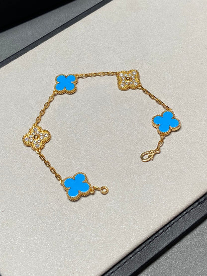 [Love More]CLOVER 5 MOTIF BLUE CHALCEDONY DIAMOND GOLD BRACELET