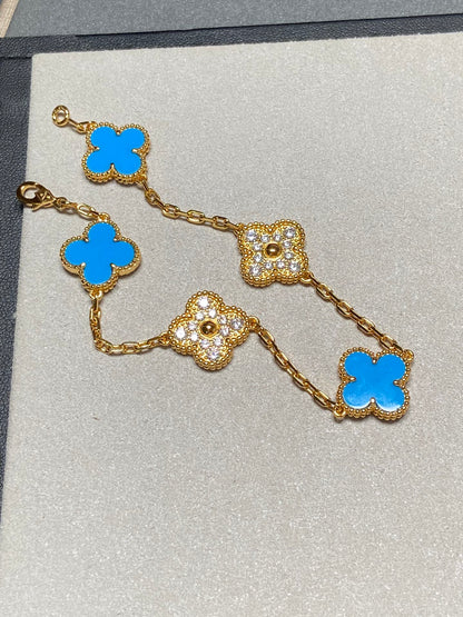 [Love More]CLOVER 5 MOTIF BLUE CHALCEDONY DIAMOND GOLD BRACELET