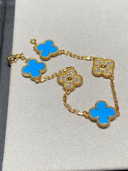 [Love More]CLOVER 5 MOTIF BLUE CHALCEDONY DIAMOND GOLD BRACELET