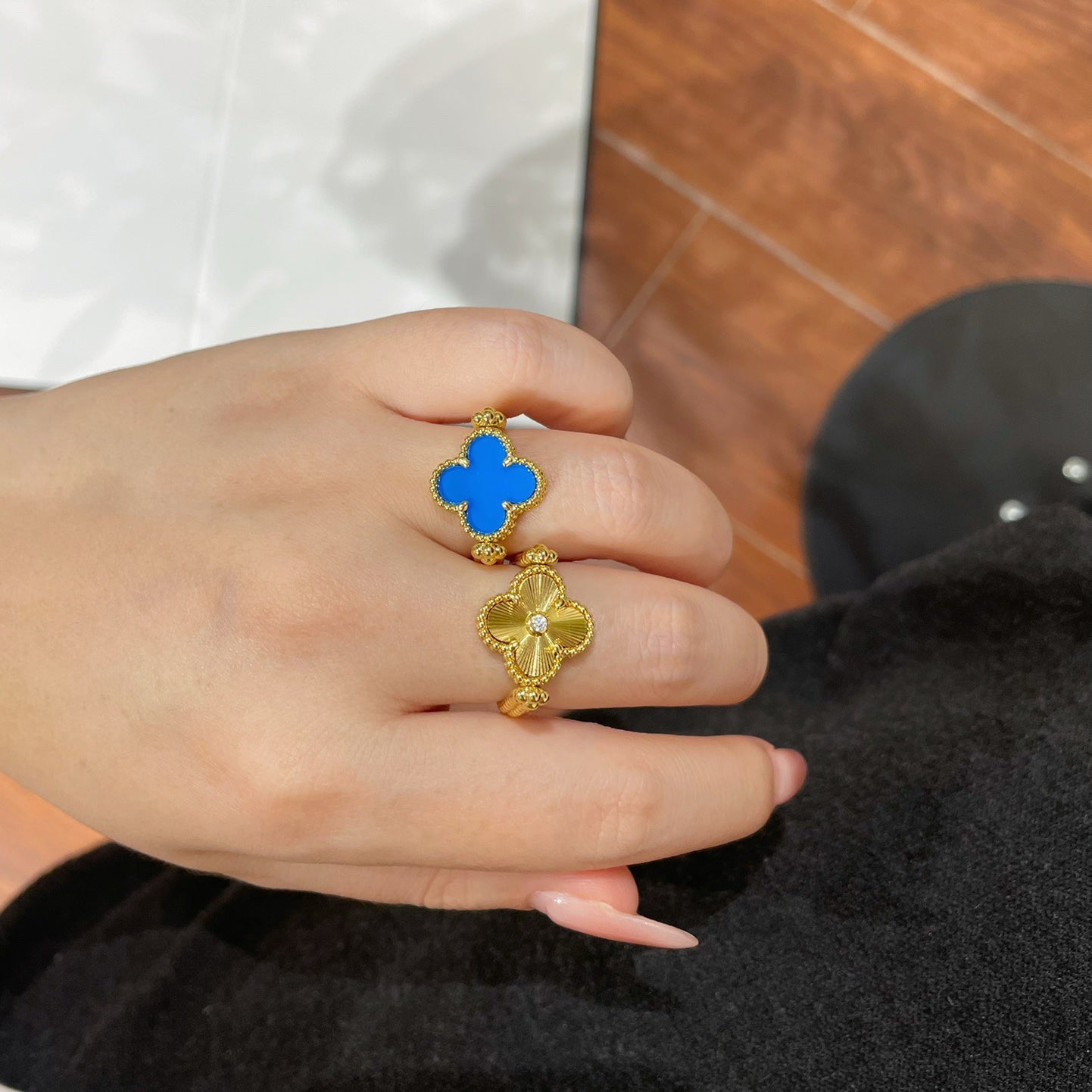 [Love More]CLOVER RIVERSIBLE BLUE AGATE RING