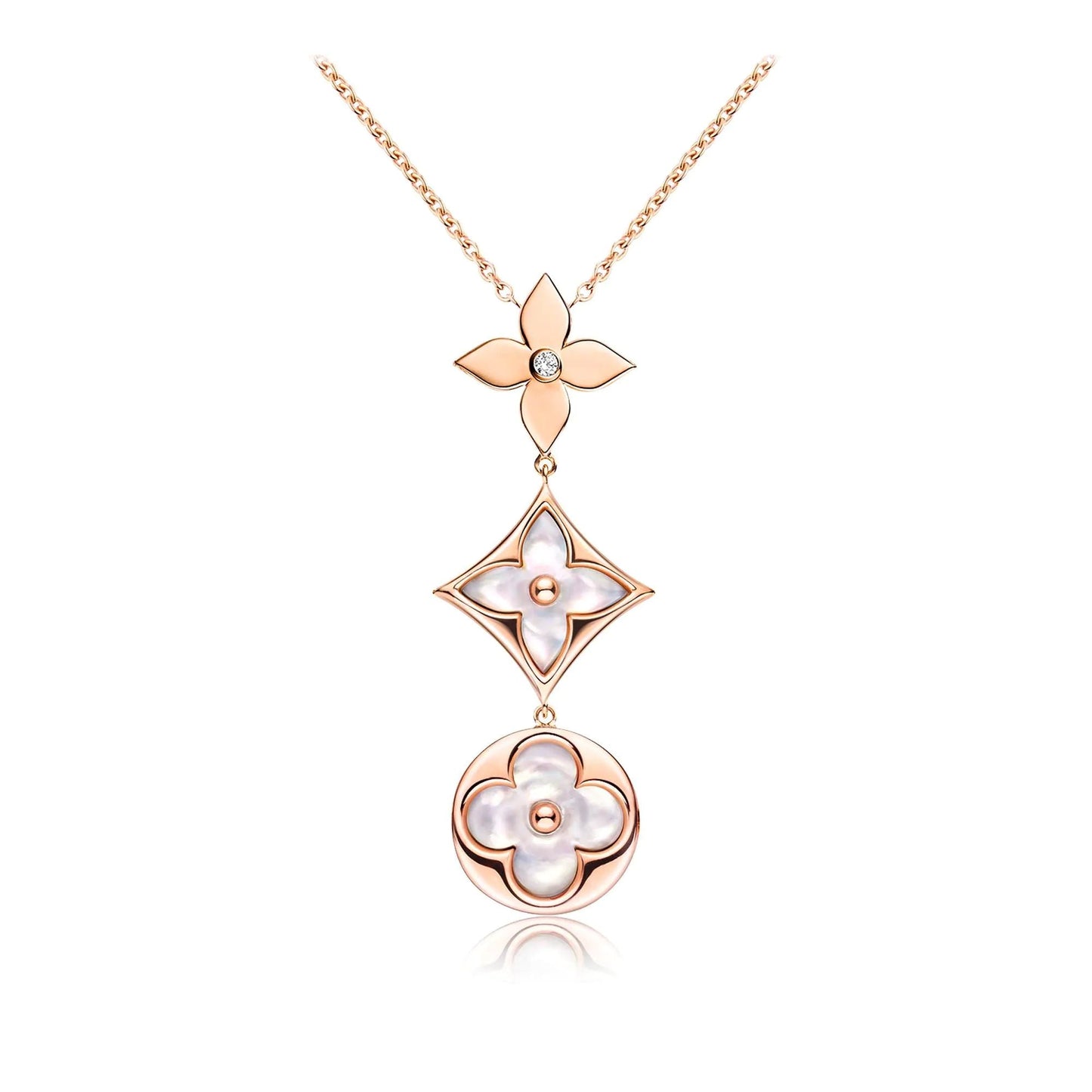 [Love More]COLOR BLOSSOM LARIAT NECKLACE PINK GOLD WHITE MOTHER PEARL AND DIAMOND