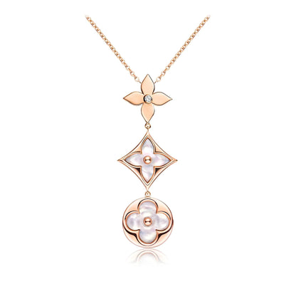 [Love More]COLOR BLOSSOM LARIAT NECKLACE PINK GOLD WHITE MOTHER PEARL AND DIAMOND