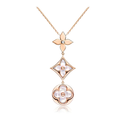 [Love More]COLOR BLOSSOM LARIAT NECKLACE PINK GOLD WHITE MOTHER PEARL AND DIAMOND
